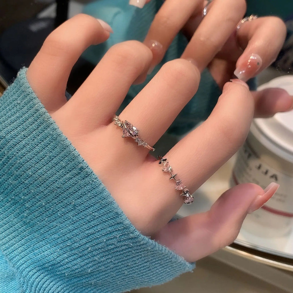 Vintage Y2K Accessories Aesthetic Pink Planet Heart Zircon Rings for Women Cool Hip Hop Kpop Cross Star Rings  Jewelry