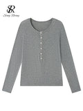 SINGREINY Lyocell Wool Basic Shirt Women Autumn O Neck Button Loose Cozy Acetate Solid Top Basics Casual Striped Long Sleeve Top