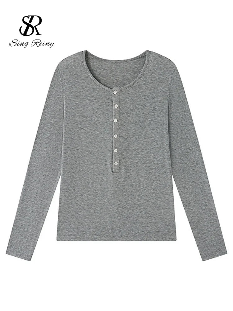 SINGREINY Lyocell Wool Basic Shirt Women Autumn O Neck Button Loose Cozy Acetate Solid Top Basics Casual Striped Long Sleeve Top