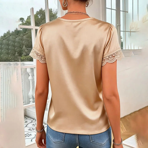 Casual Lace V-neck Blouse Women Summer 2026 Fashion Solid Color Short Sleeve Shirts Tops Elegant