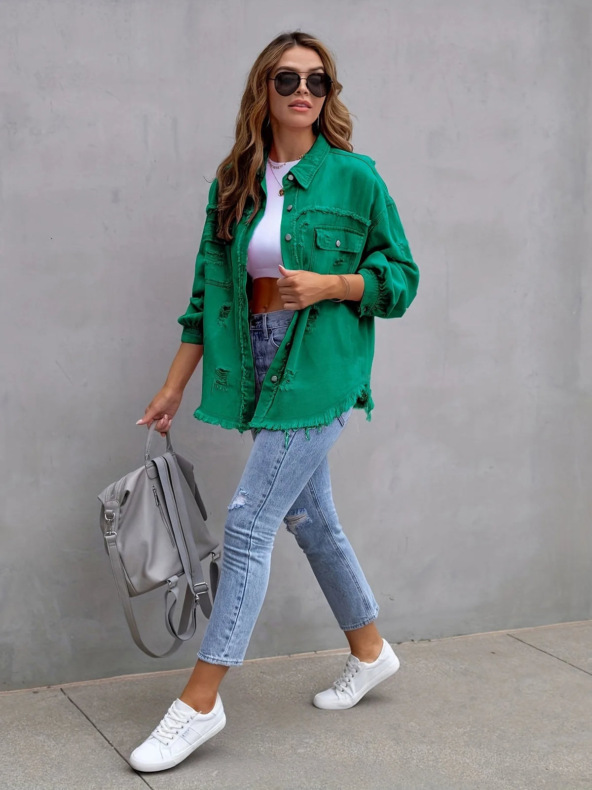 New Solid Colour Mid-length Hole Long-Sleeved Denim Jacket Denim Jacket Women