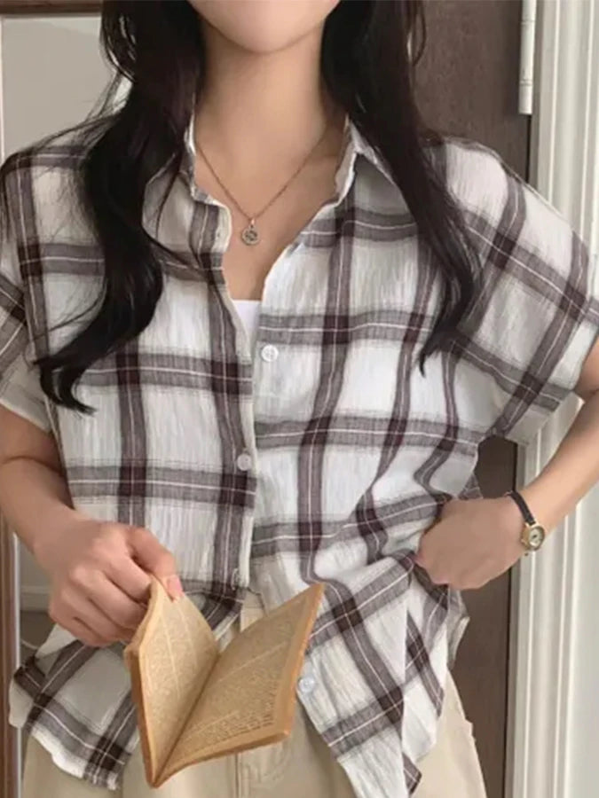 Retro Plaid Shirt Jacket Women Thin Design Summer 2026 New Single Button Turn Collar Short Sleeve Top Loose Fit Summer Shirt