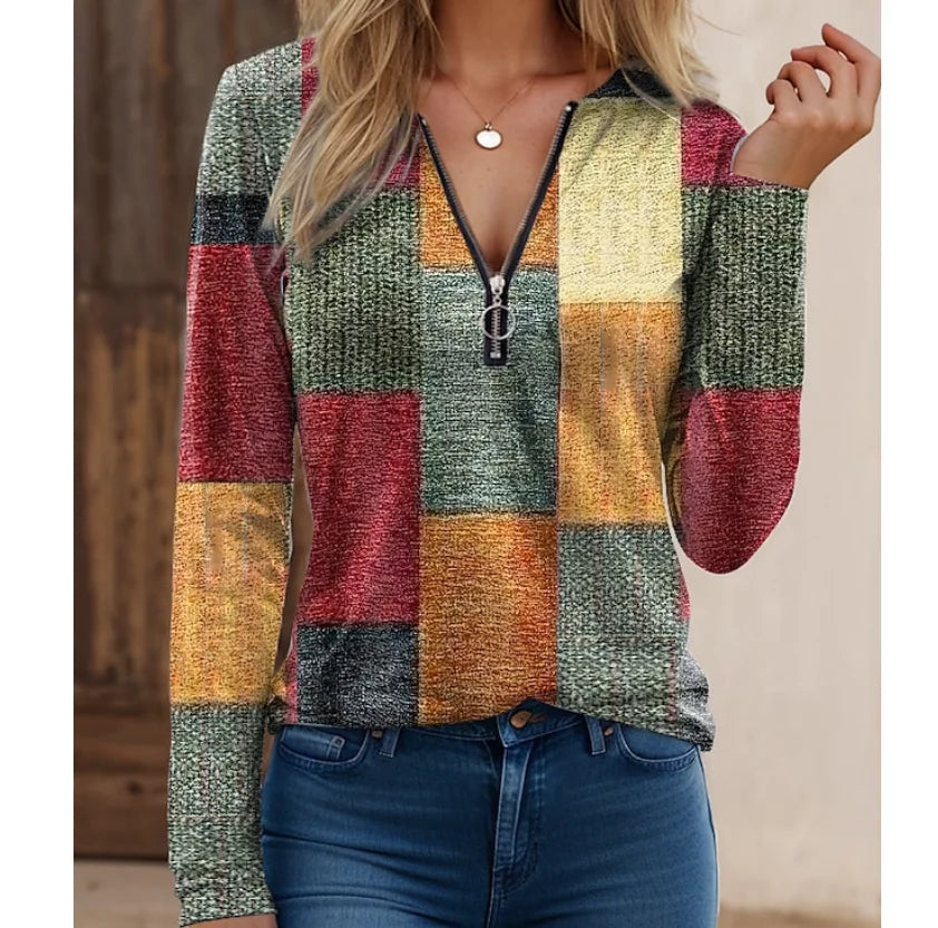 Spring Autumn Blouse Shirts Women Zipper V-Neck Comfortable  Shirts Loose Long Sleeve Tops Fashion Female Tee Street Clothes