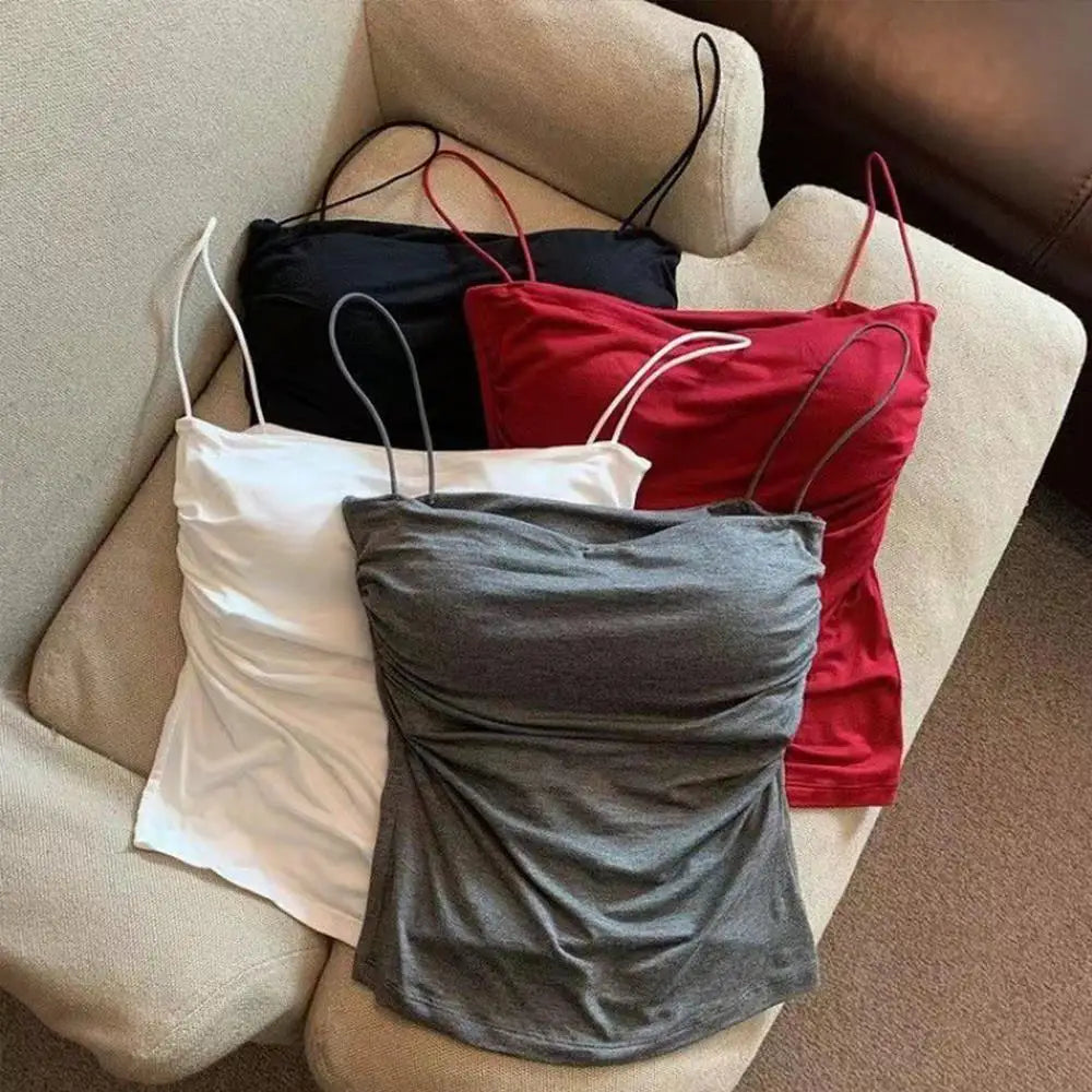 Y2K Sexy Tank Tops Women Spaghetti Strap Crop Top With Bra Bodycon Sleeveless Cami Tube Top Basic Camisole Tees Korean Clothes