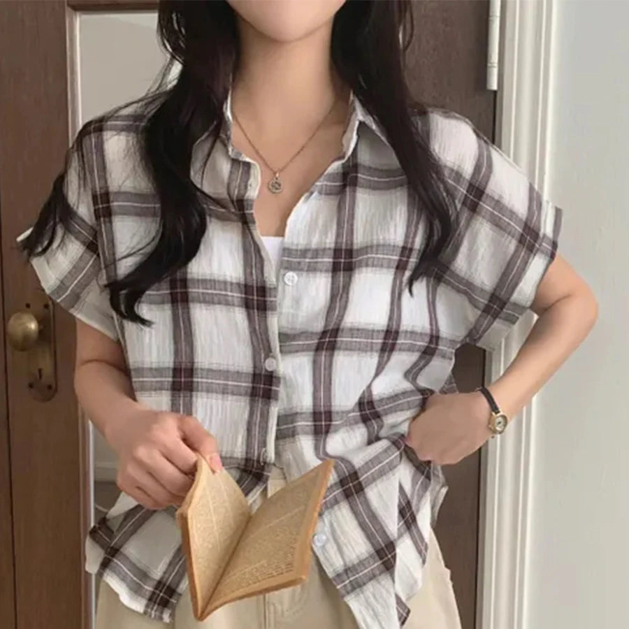 Retro Plaid Shirt Jacket Women Thin Design Summer 2026 New Single Button Turn Collar Short Sleeve Top Loose Fit Summer Shirt