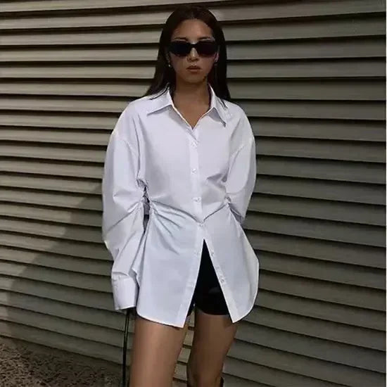 Women's White Slim Fit Long Sleeve Shirt Chic Waist-Cinching Blouse Korean Style Trendy Elegant Tops Spring Autumn New Arrivals
