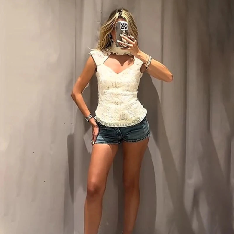 Elegant Cream White High Neck Floral Lace Top Women Sexy Sleeveless Cutout Front Frill Hem Slim Blouse Lady Vacation Party Top
