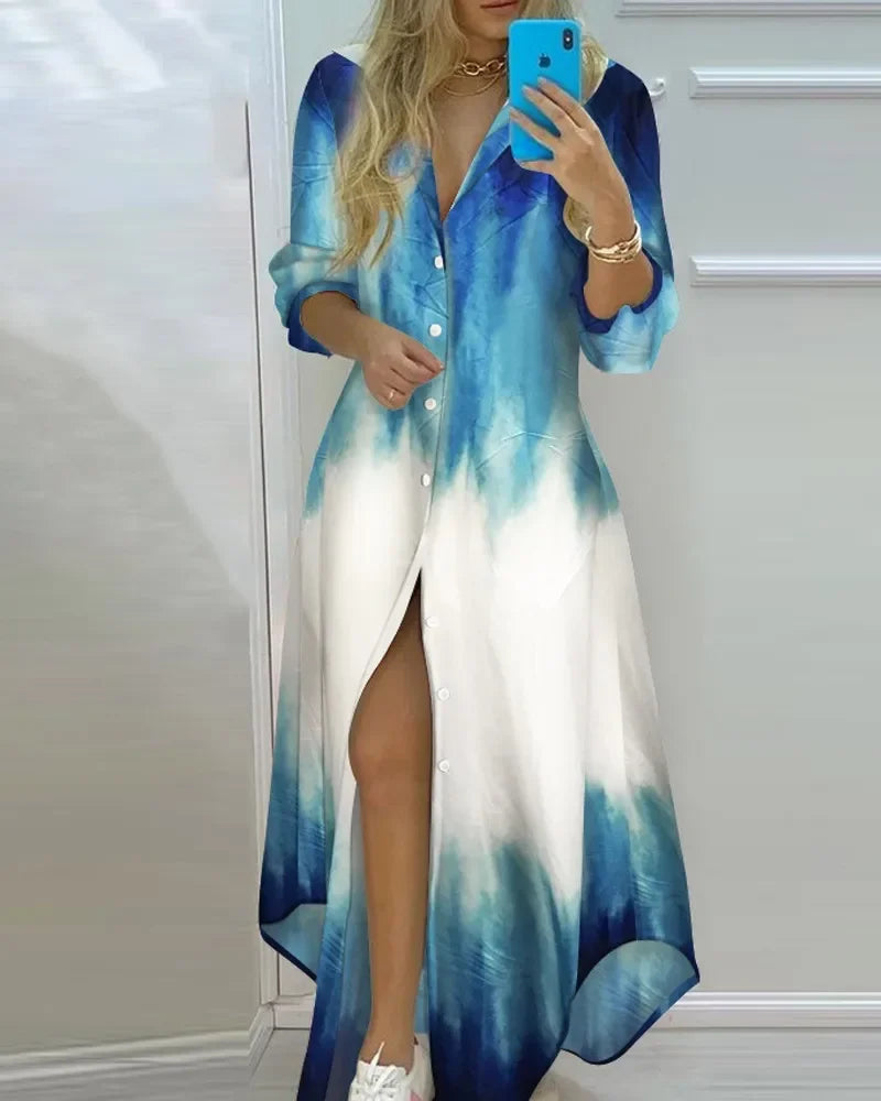 Blue and white tie-dye button-down衬衫 dress with long sleeves, front slit, and ankle-length retro print for women.