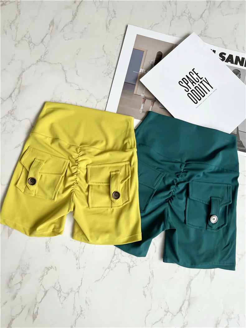 TRY TO BN Sport Shorts Women Pocket Buttocks Fitness Workout High Waist Tights Leggings Push Up Cycling Scrunch Butt Gym Clothes