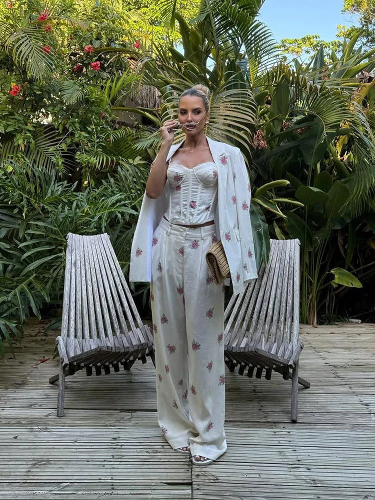 Women Soft Floral Print Matching Set Loose Blazer Bustier Sleeveless Top High Waist Wide Leg Trouser New Casual Holiday Costume