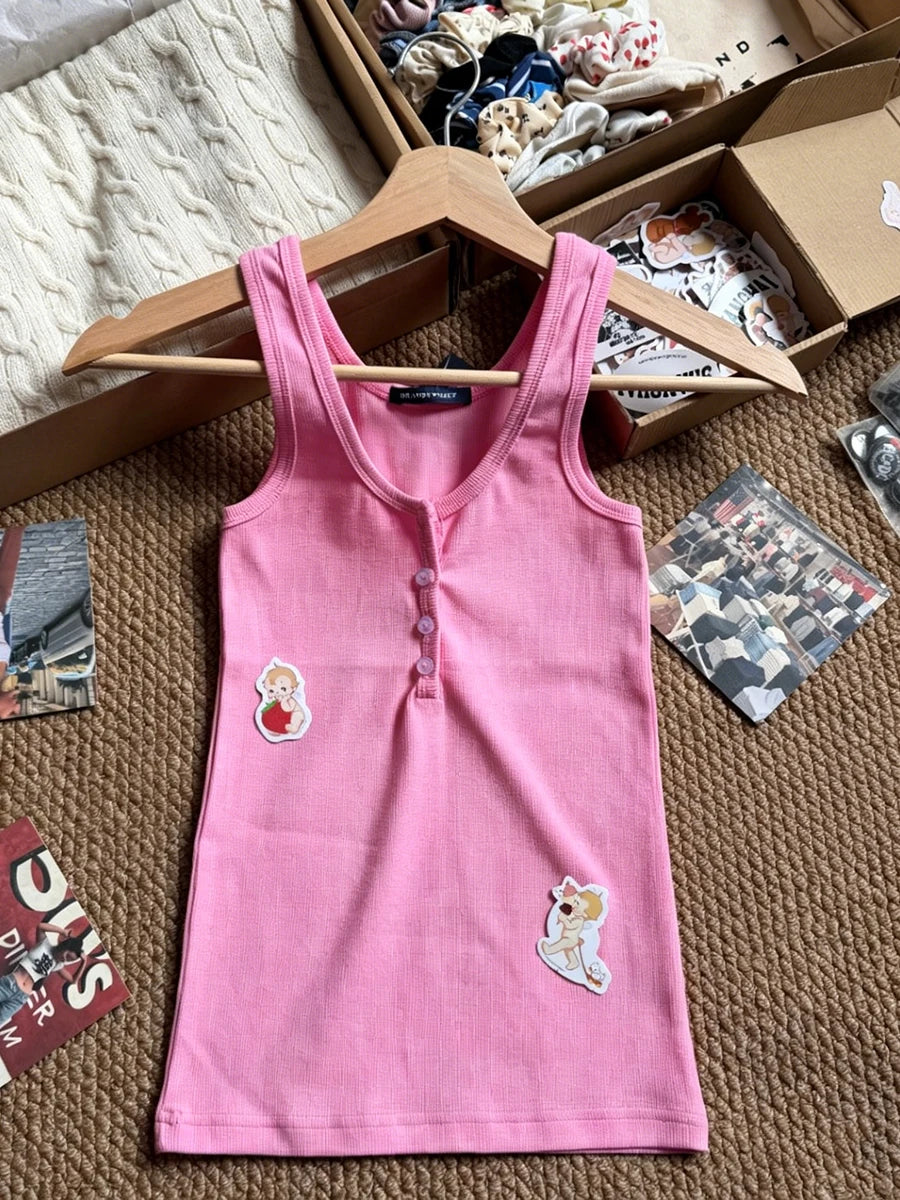 Ribbed Button Tank Tops Women Summer Casual Streetwear Slim Cotton Sleeveless Vests Female Vintage Simple Basic Vest Y2K