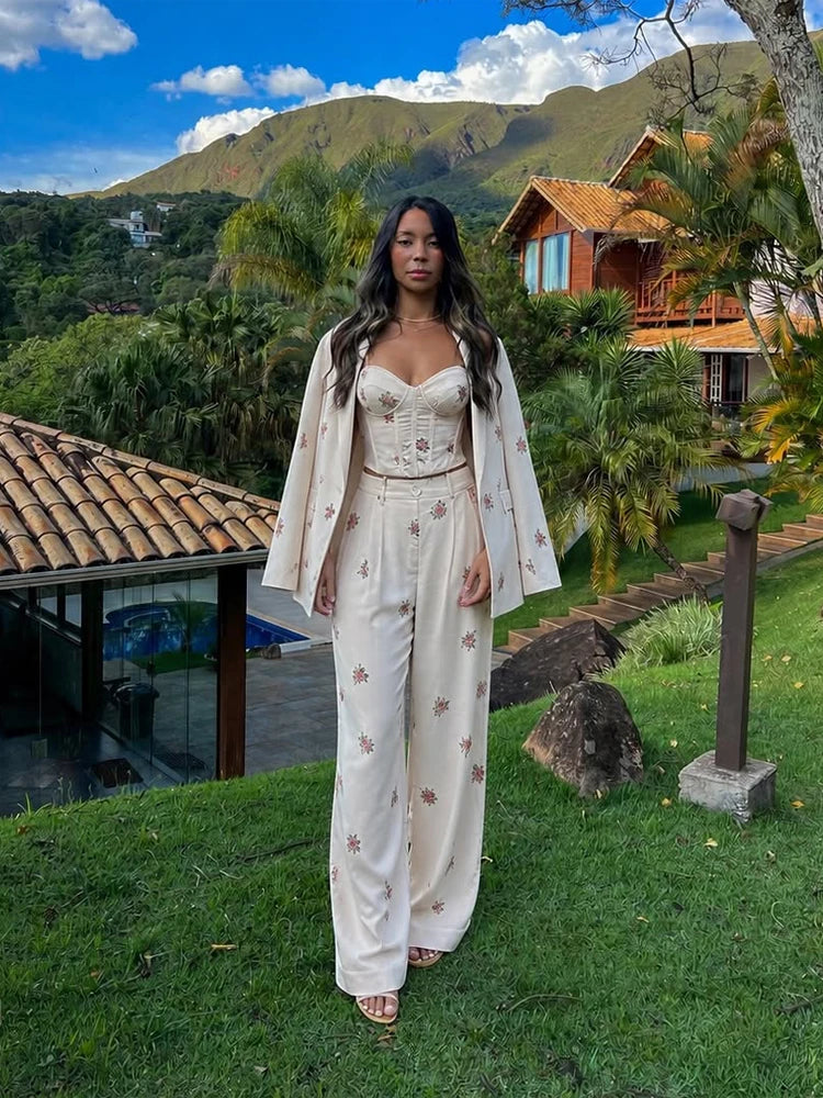 Women Soft Floral Print Matching Set Loose Blazer Bustier Sleeveless Top High Waist Wide Leg Trouser New Casual Holiday Costume