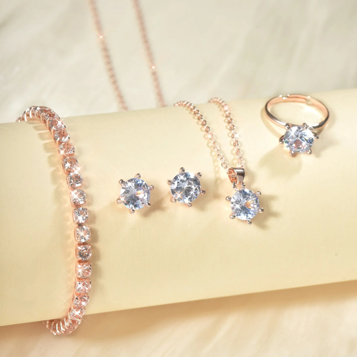 5Pcs Elegant Crystal Jewelry Set Zirconia Ring Necklace Bracelet Earrings Simple Set Jewelry Fashion Versatile Trendy Jewelry