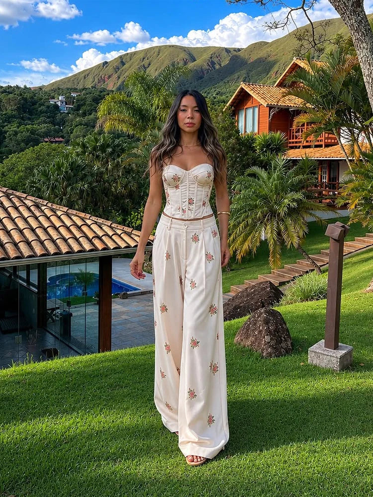 Women Soft Floral Print Matching Set Loose Blazer Bustier Sleeveless Top High Waist Wide Leg Trouser New Casual Holiday Costume