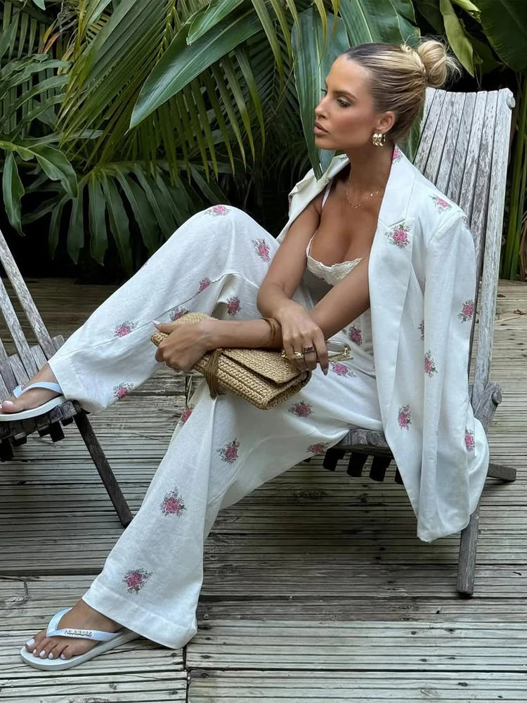 Women Soft Floral Print Matching Set Loose Blazer Bustier Sleeveless Top High Waist Wide Leg Trouser New Casual Holiday Costume