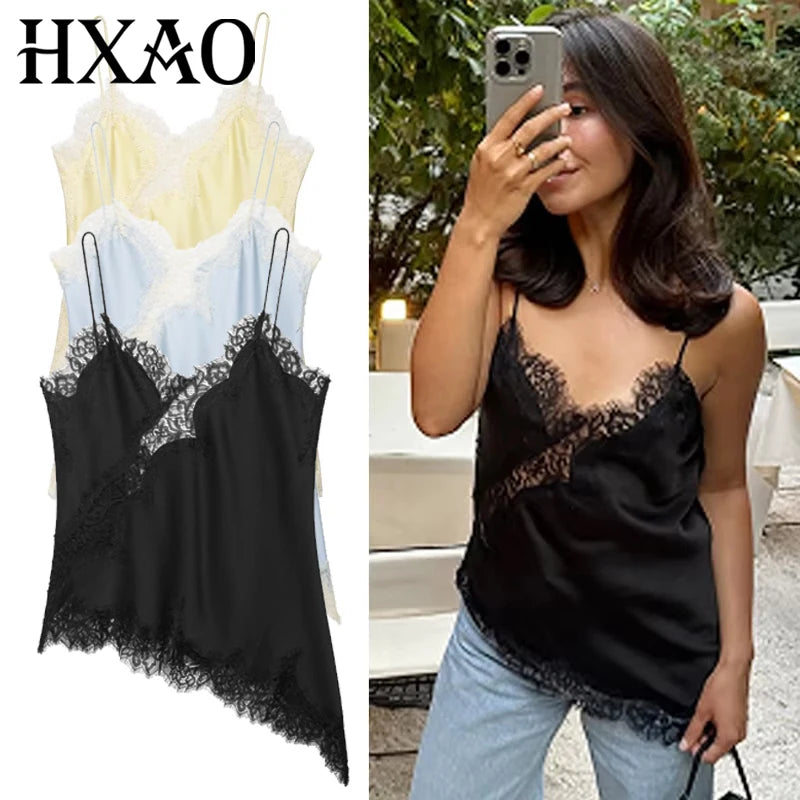 HXAO Lace Asymmetrical Top Women Tanks & Camis Summer 2025 Black Slip Sleeveless Top  Ladies y2k Backless Off Shoulder Camisole