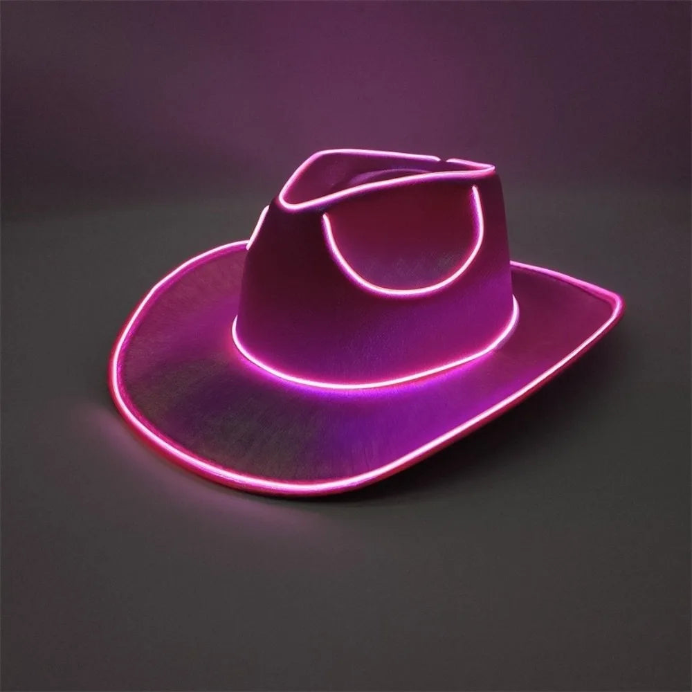 with LED Lights Cowboy Cowgirl Hat Luminous Light Up Cap Western Cowboy Hat for Dancing Party Dress Up Pearlescent Cowgirl Hat
