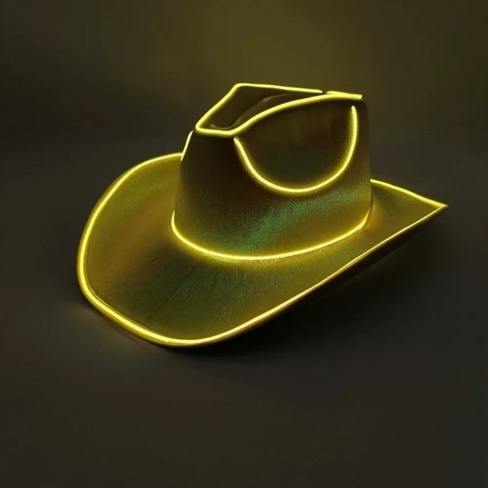 with LED Lights Cowboy Cowgirl Hat Luminous Light Up Cap Western Cowboy Hat for Dancing Party Dress Up Pearlescent Cowgirl Hat
