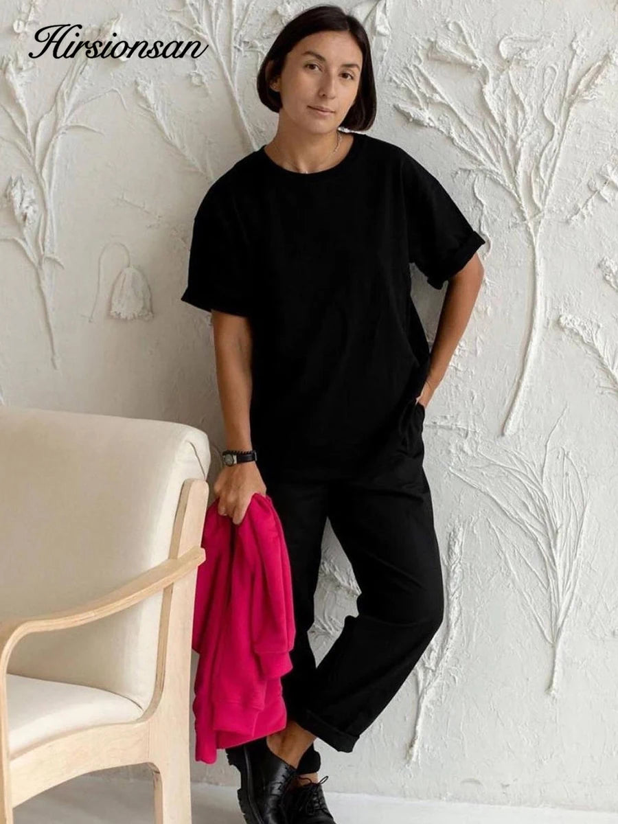 Hirsionsan 100% Cotton T Shirt Women 2024 Summer New  Basic Elegant Tee Casual Loose Tshirt Chic O Neck Female Couple Tops M-3XL