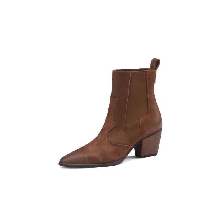 NEW Autumn Women Boots Pointed Toe Chunky Heel Shoes Genuine Leather Shoes for Women Casual Slip-on Western Boots Short Boots