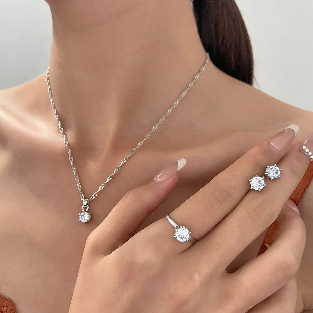 5Pcs Elegant Crystal Jewelry Set Zirconia Ring Necklace Bracelet Earrings Simple Set Jewelry Fashion Versatile Trendy Jewelry