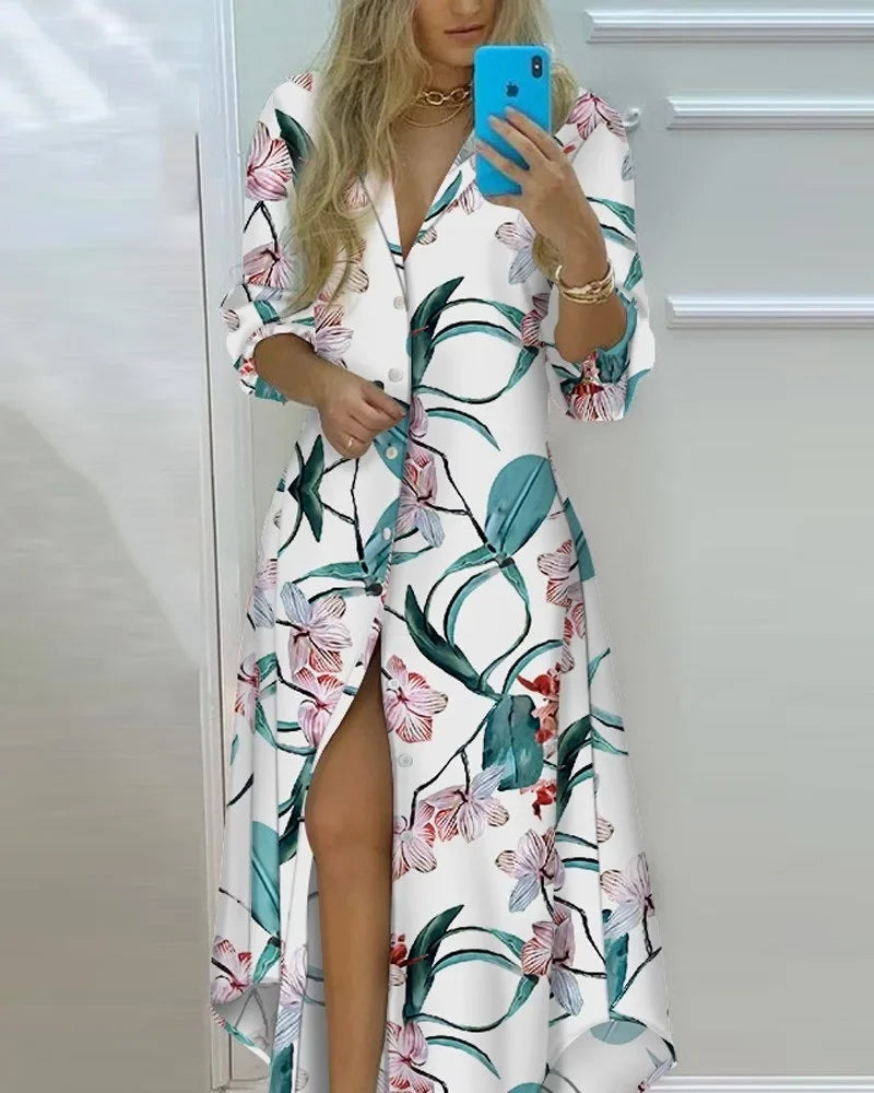 White floral print long sleeve shirt dress with single-breasted buttons and high slit, ankle-length retro style women's fashion.