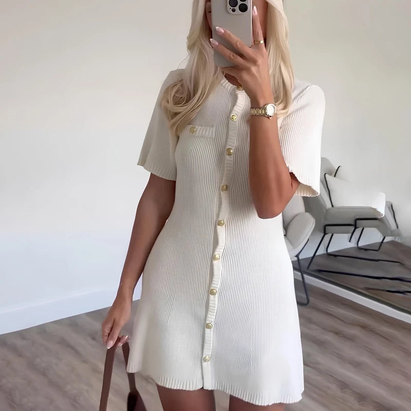 White Elegant Knitted Mini Dress For Women Metal Button Sexy Slim Rib Sweater Dress Holiday Party Outfits Autumn 2024 New