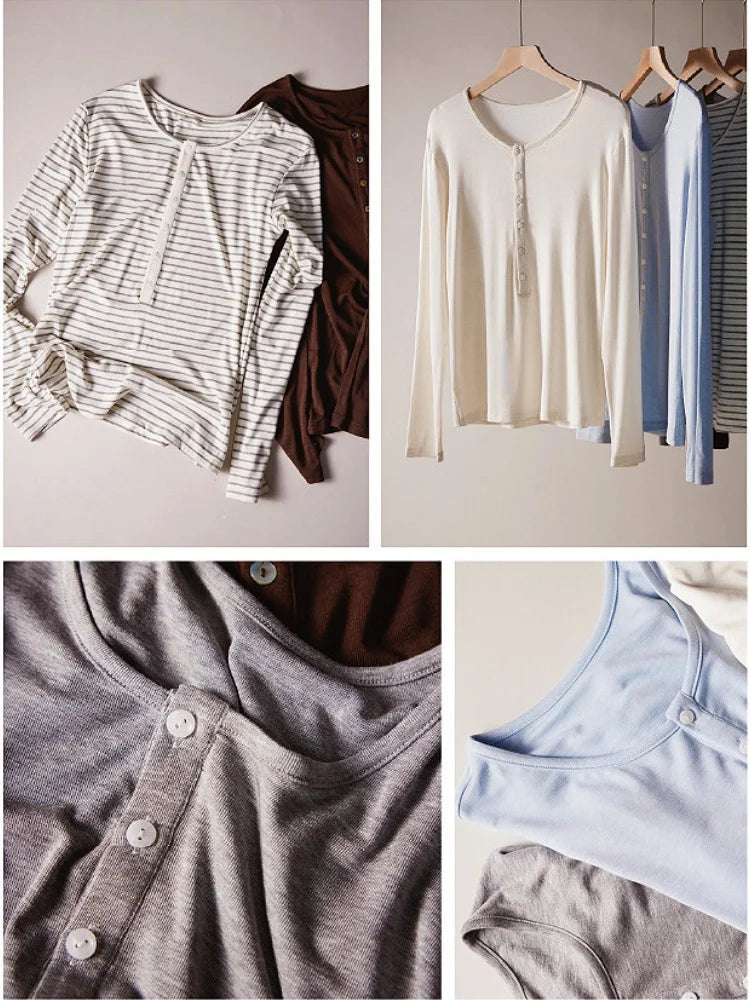 SINGREINY Lyocell Wool Basic Shirt Women Autumn O Neck Button Loose Cozy Acetate Solid Top Basics Casual Striped Long Sleeve Top