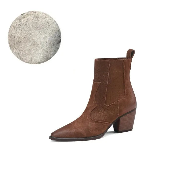 NEW Autumn Women Boots Pointed Toe Chunky Heel Shoes Genuine Leather Shoes for Women Casual Slip-on Western Boots Short Boots