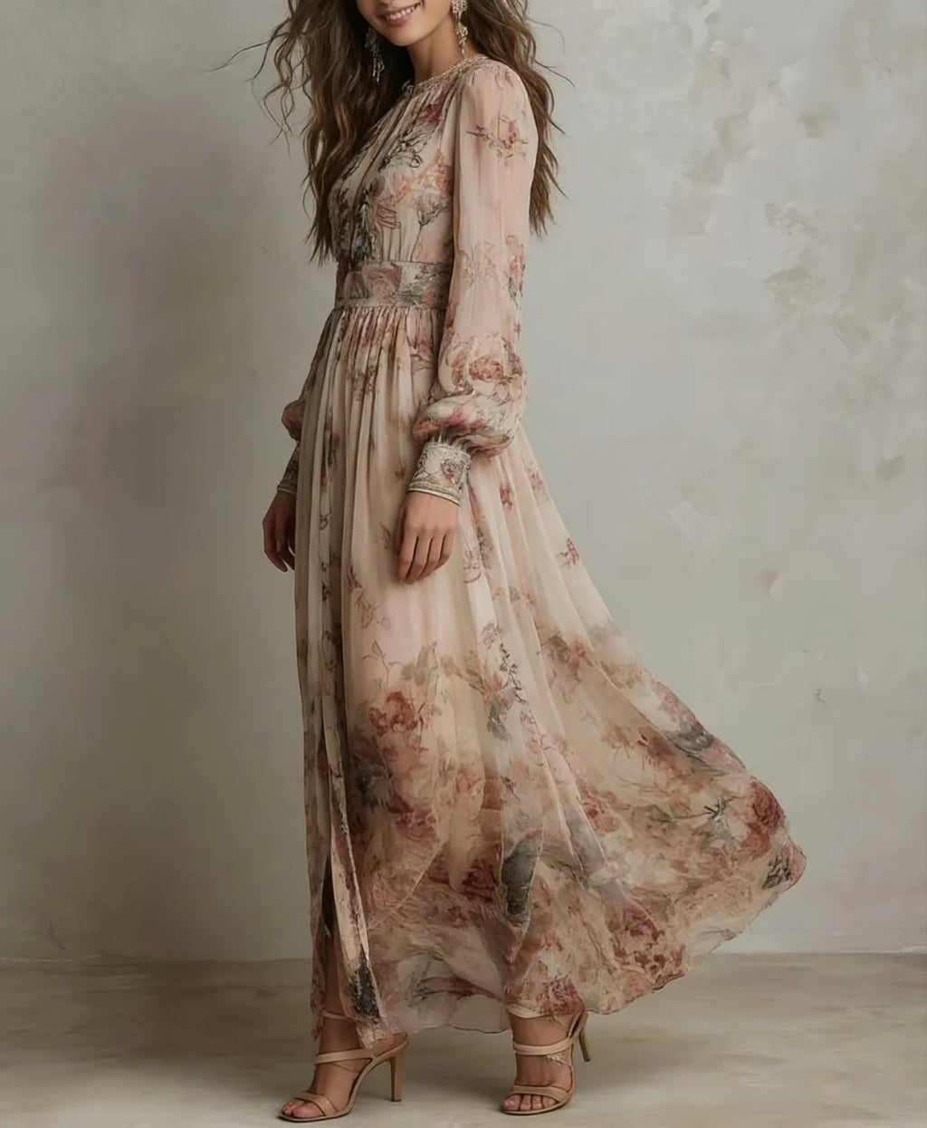 Elegant Long Sleeve Chiffon Long Dresses For Women 2026 Fashion Floral Print Slim Party Maxi Dress Casual