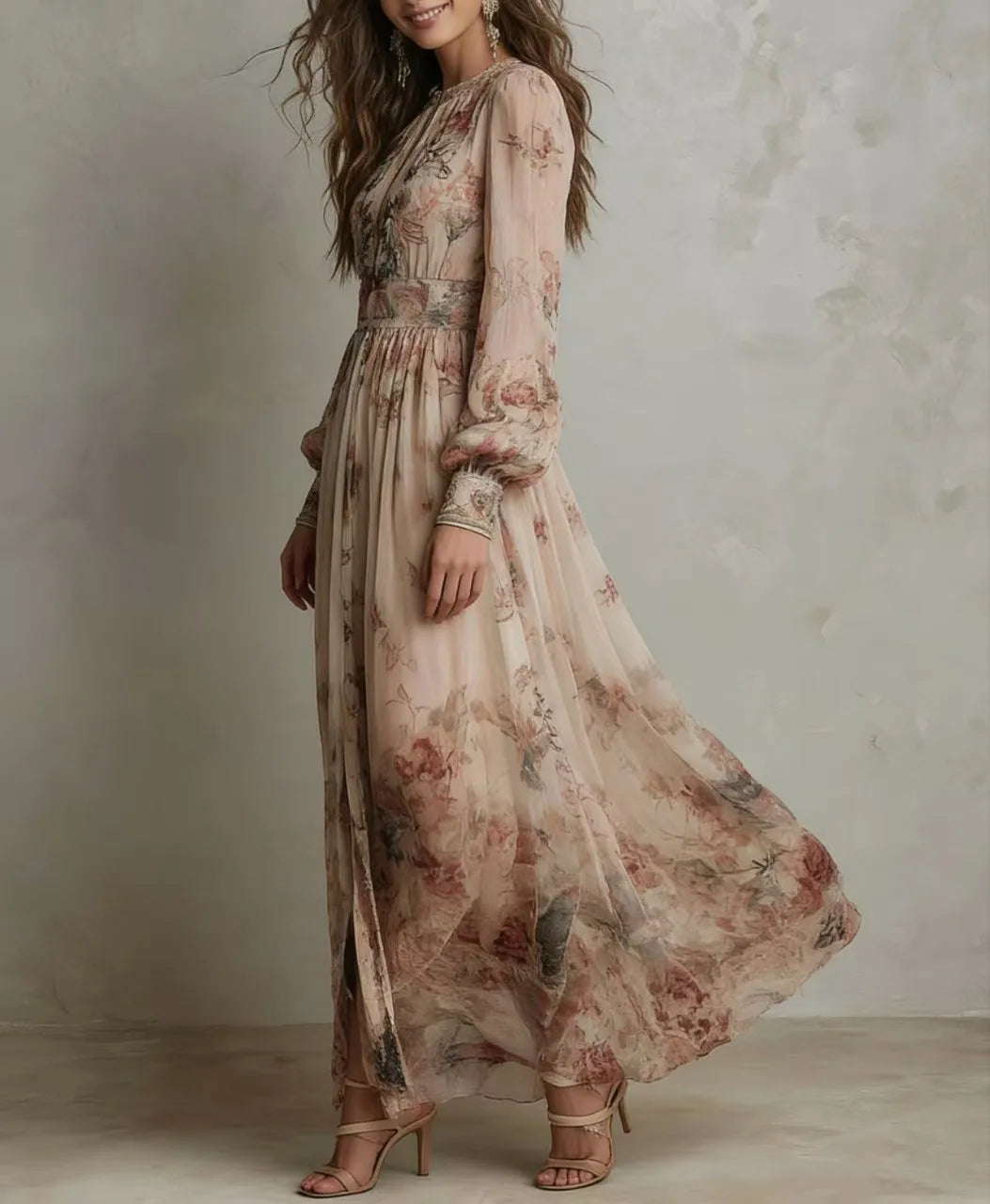 Elegant Long Sleeve Chiffon Long Dresses For Women 2026 Fashion Floral Print Slim Party Maxi Dress Casual