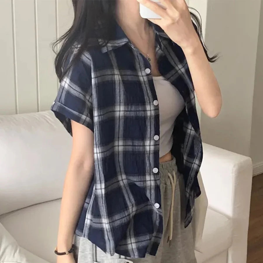 Retro Plaid Shirt Jacket Women Thin Design Summer 2026 New Single Button Turn Collar Short Sleeve Top Loose Fit Summer Shirt