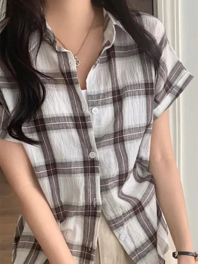 Retro Plaid Shirt Jacket Women Thin Design Summer 2026 New Single Button Turn Collar Short Sleeve Top Loose Fit Summer Shirt
