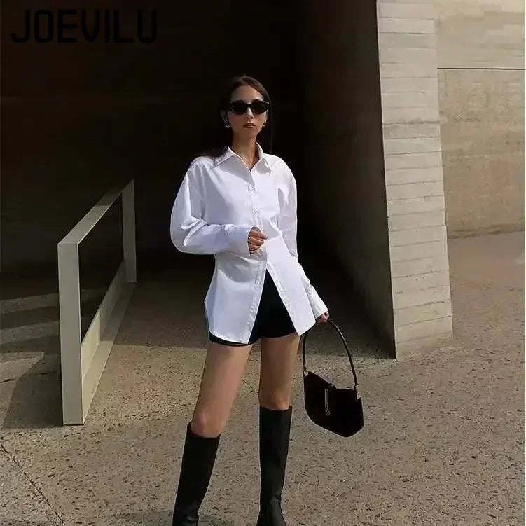 Women's White Slim Fit Long Sleeve Shirt Chic Waist-Cinching Blouse Korean Style Trendy Elegant Tops Spring Autumn New Arrivals