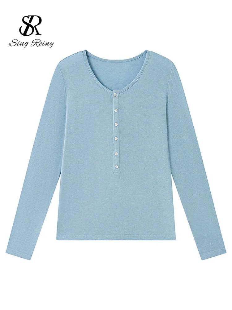 SINGREINY Lyocell Wool Basic Shirt Women Autumn O Neck Button Loose Cozy Acetate Solid Top Basics Casual Striped Long Sleeve Top