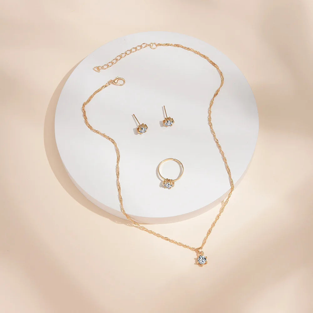 5Pcs Elegant Crystal Jewelry Set Zirconia Ring Necklace Bracelet Earrings Simple Set Jewelry Fashion Versatile Trendy Jewelry