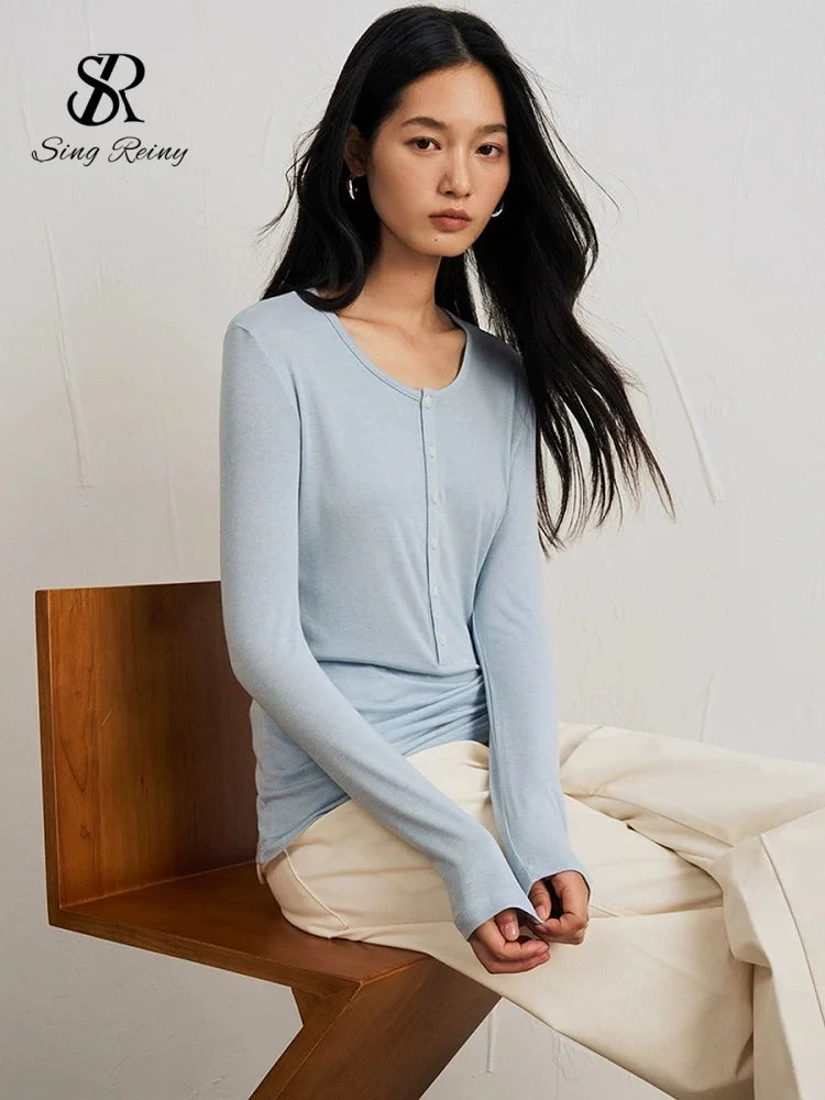 SINGREINY Lyocell Wool Basic Shirt Women Autumn O Neck Button Loose Cozy Acetate Solid Top Basics Casual Striped Long Sleeve Top