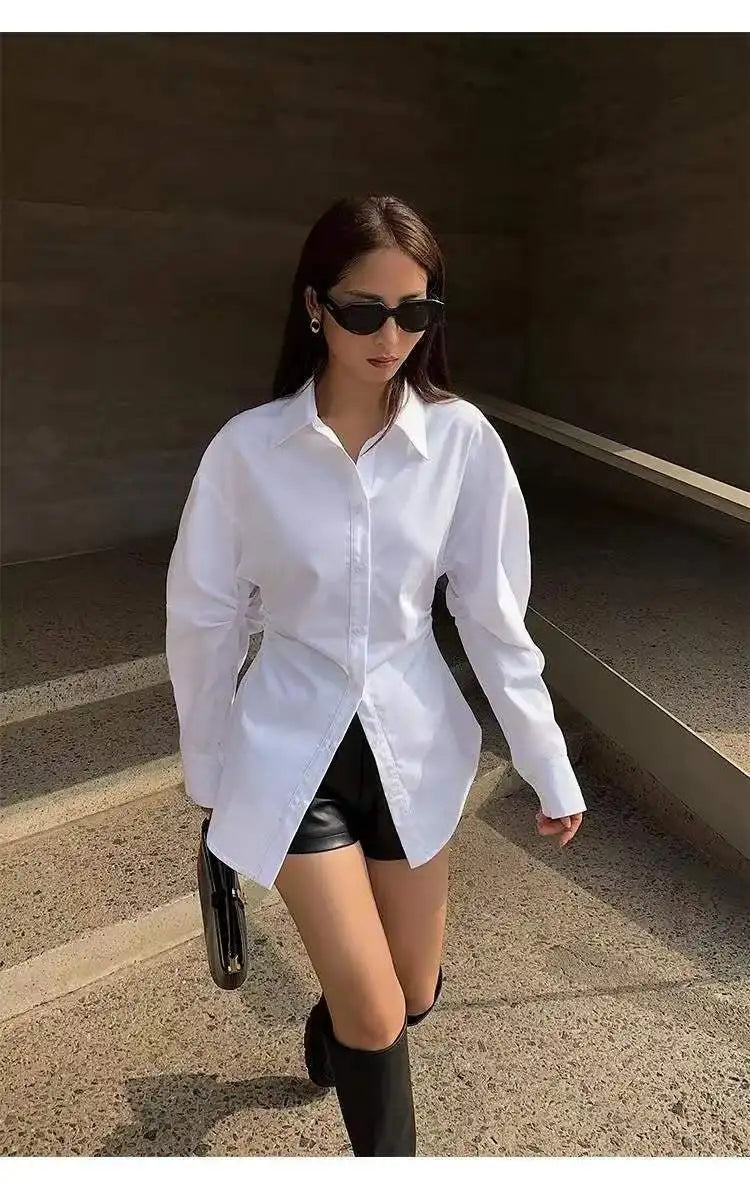Women's White Slim Fit Long Sleeve Shirt Chic Waist-Cinching Blouse Korean Style Trendy Elegant Tops Spring Autumn New Arrivals