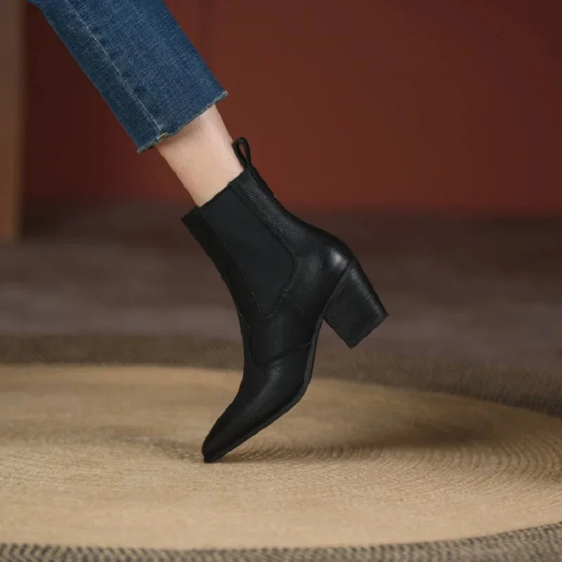 NEW Autumn Women Boots Pointed Toe Chunky Heel Shoes Genuine Leather Shoes for Women Casual Slip-on Western Boots Short Boots