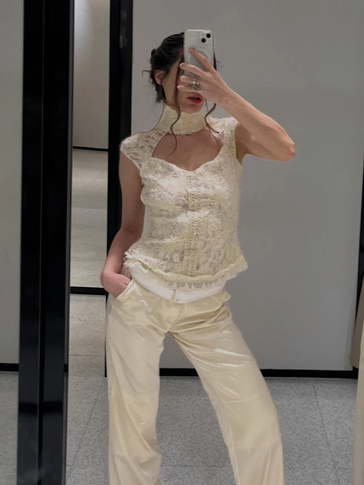 Elegant Cream White High Neck Floral Lace Top Women Sexy Sleeveless Cutout Front Frill Hem Slim Blouse Lady Vacation Party Top