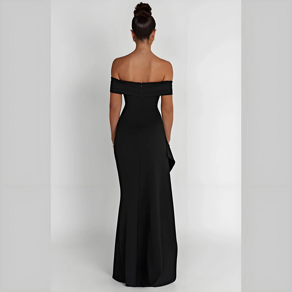 Elegant Evening Dress, Solid Color, Off-Shoulder, Women's Sexy High-Waisted Side-Slit Long Dress, Formal Maxi Ladies' Party Evening Dress