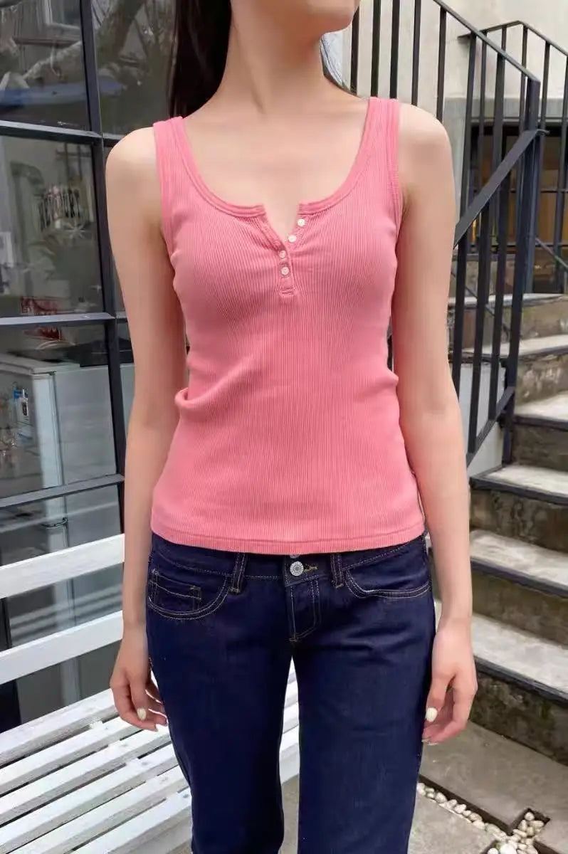 Ribbed Button Tank Tops Women Summer Casual Streetwear Slim Cotton Sleeveless Vests Female Vintage Simple Basic Vest Y2K