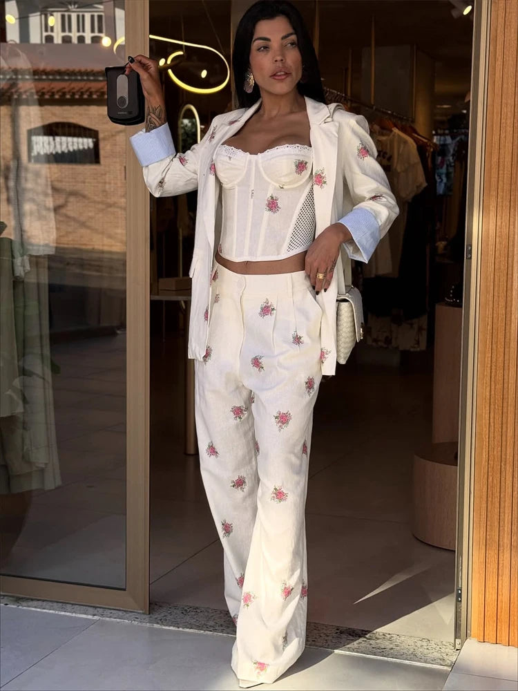 Women Soft Floral Print Matching Set Loose Blazer Bustier Sleeveless Top High Waist Wide Leg Trouser New Casual Holiday Costume
