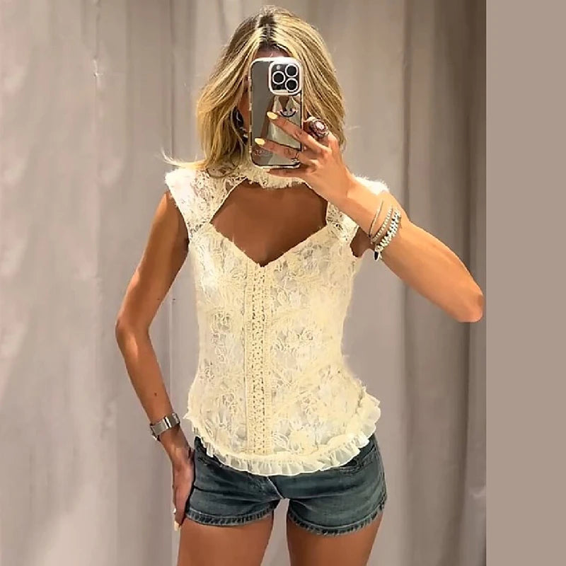 Elegant Cream White High Neck Floral Lace Top Women Sexy Sleeveless Cutout Front Frill Hem Slim Blouse Lady Vacation Party Top