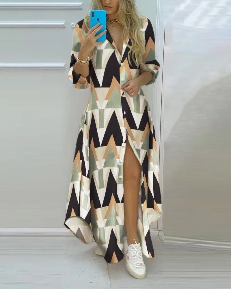 Women's long sleeve geometric print polo neck shirt dress with front buttons and high slit, featuring retro style in black, beige, and sage green.