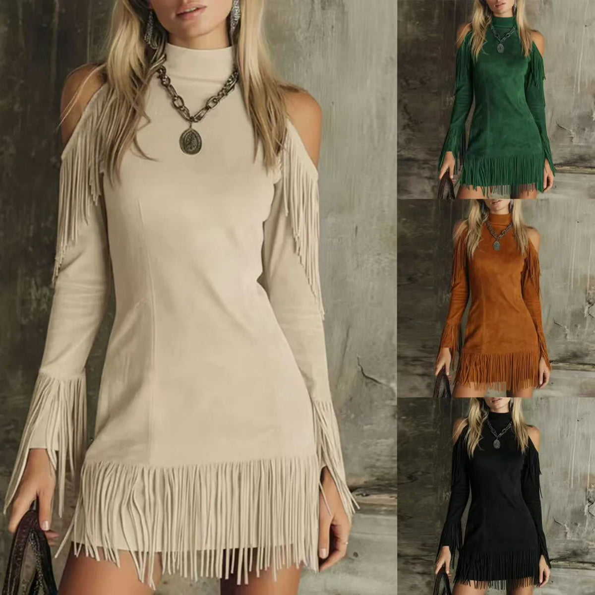 European and American slim-fitting fringed western-style off-shoulder women's dress, new style, sexy and fashionable dress