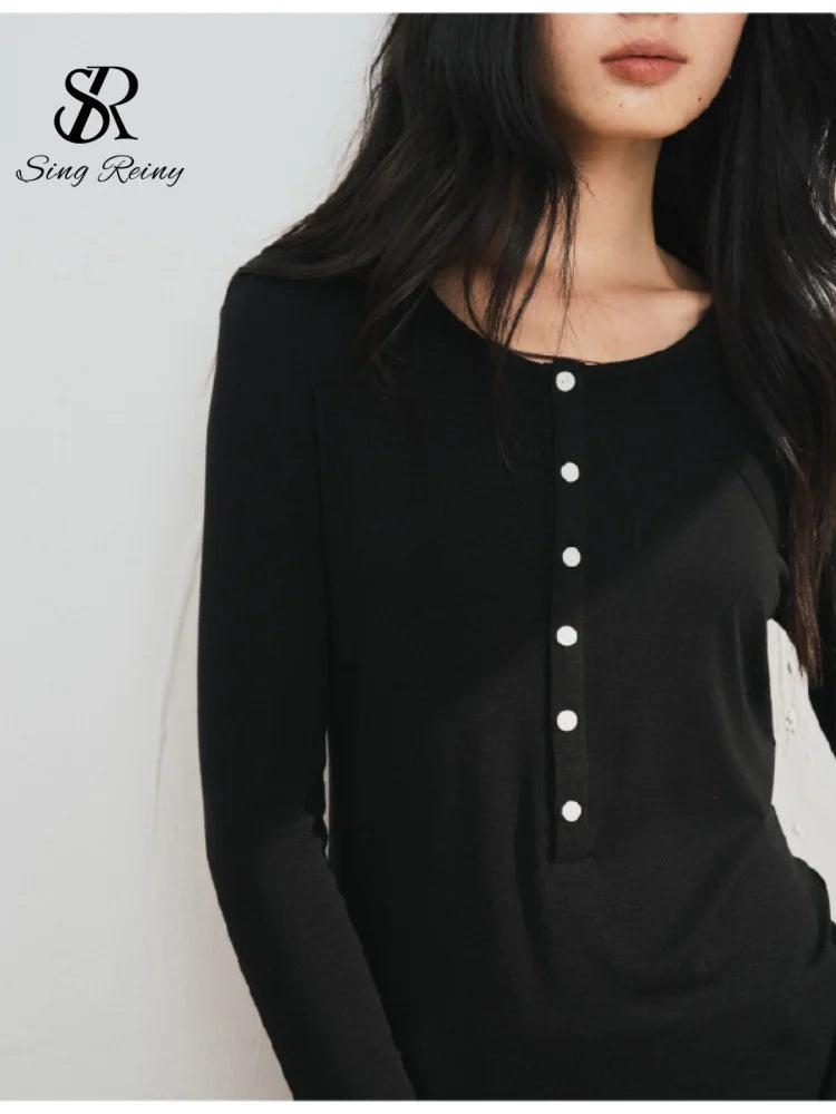 SINGREINY Lyocell Wool Basic Shirt Women Autumn O Neck Button Loose Cozy Acetate Solid Top Basics Casual Striped Long Sleeve Top