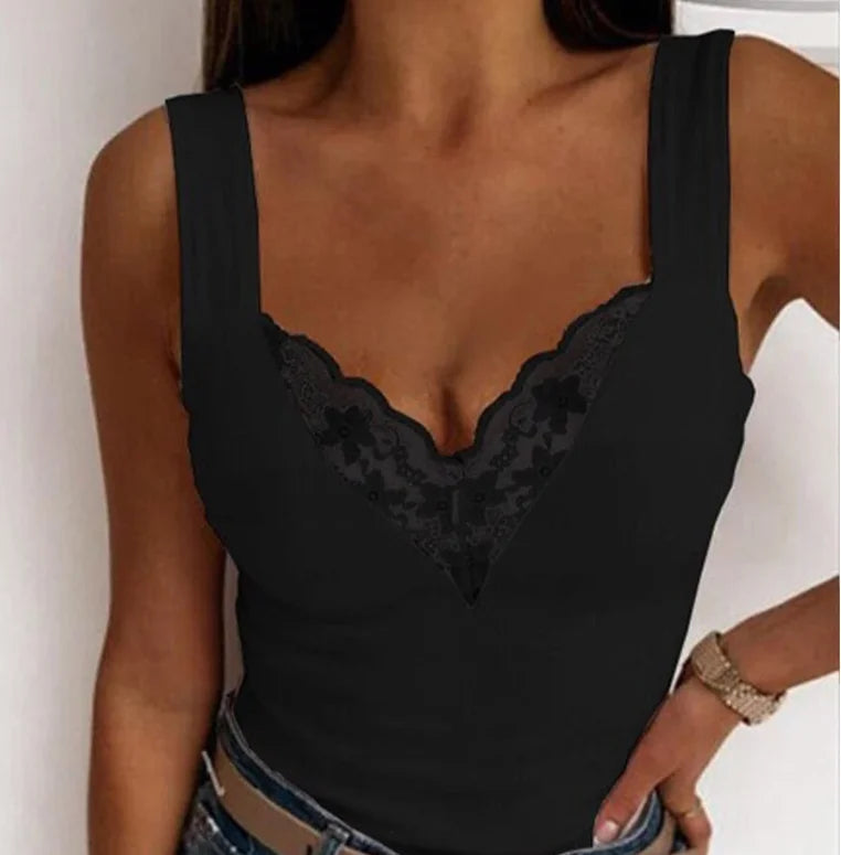 Sexy Lace Tank Tops Women V-Neck Top T-Shirt For Women Casual Hollow Out Basic Camisole Female Perspective Tanks Sleeveless