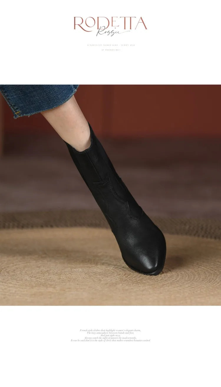 NEW Autumn Women Boots Pointed Toe Chunky Heel Shoes Genuine Leather Shoes for Women Casual Slip-on Western Boots Short Boots