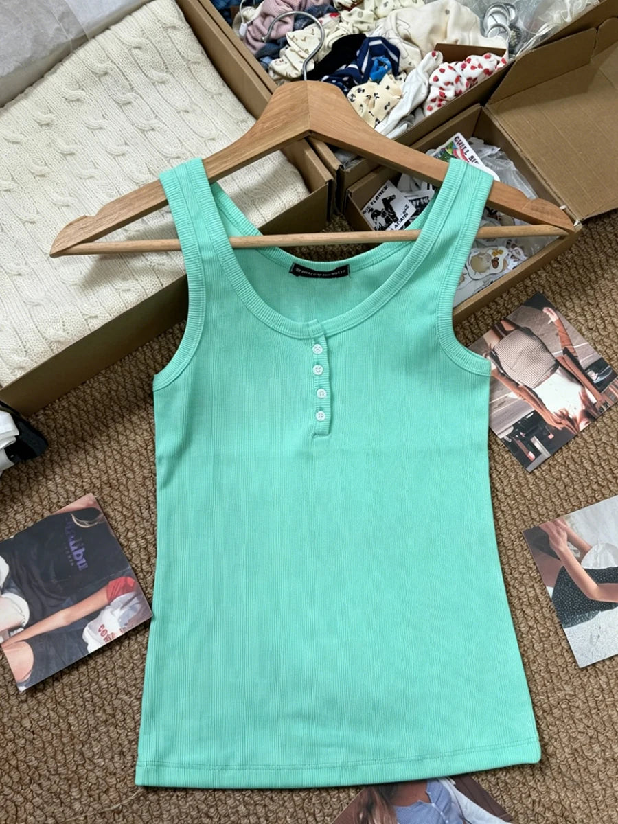 Ribbed Button Tank Tops Women Summer Casual Streetwear Slim Cotton Sleeveless Vests Female Vintage Simple Basic Vest Y2K
